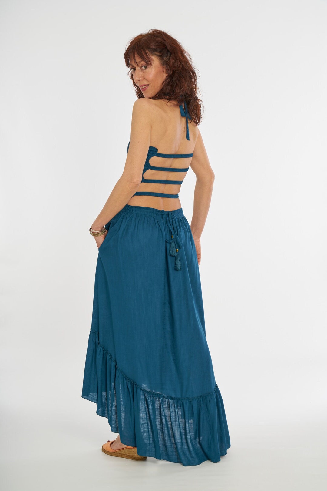 Summer New Solid Color Sexy Open Back U-Neck Strap Back Long Dress