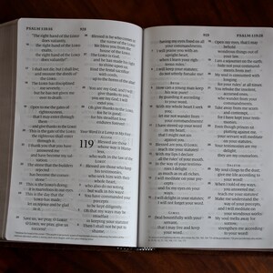 May include: An open book with thin white pages featuring black printed text in two columns per page. The left page displays Psalm 118 and the right page displays Psalm 119. The text is organized into numbered verses with clear headings and subheadings.