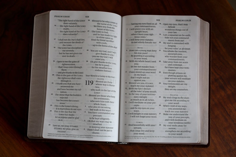 May include: An open book with thin white pages featuring black printed text in two columns per page. The left page displays Psalm 118 and the right page displays Psalm 119. The text is organized into numbered verses with clear headings and subheadings.
