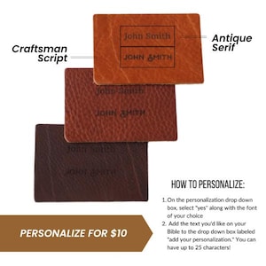 May include: Three rectangular leather patches in varying shades of brown, ranging from light tan to dark chocolate. Each patch is embossed with the name John Smith in two different font styles, labeled as Antique Serif and Craftsman Script.