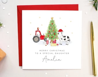 Personalised Farm Christmas Card For A Boy or Girl with Cow and Tractor - Son, Grandson, Daughter, Brother