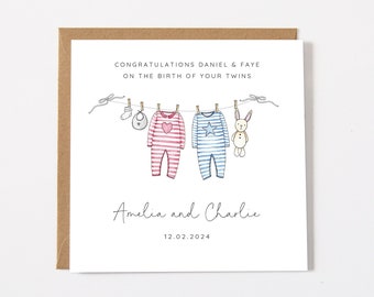 Personalised New Baby Twin Girls Card, Personalised Pink Baby Washing Line Card, Welcome to the World Card, Chose Colour Options