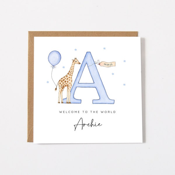 Personalised New Baby Boy Card, Welcome To The World Card, Giraffe New Baby Card, Safari Card For A Boy, New Grandson Card