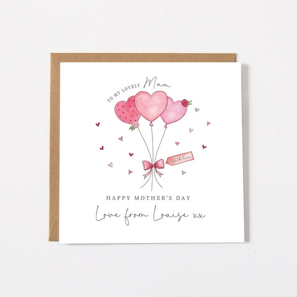 Personalised Mothers Day Card - Heart Balloons Mother's Day Card - Mum Mam Grandma Granny Nanny Nana