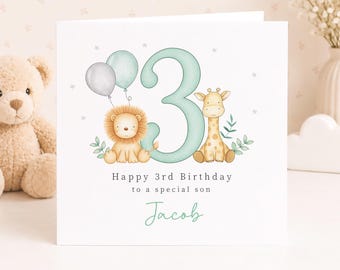 Personalised 3rd Birthday Card, Safari Watercolour Lion and Giraffe Age 3