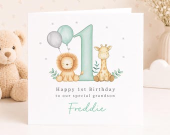Personalised 1st Birthday Card for Boy, Safari Animal, Son Grandson Nephew Godson