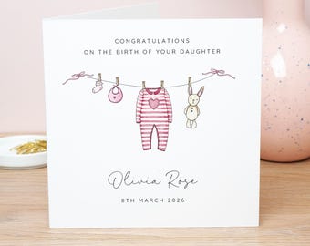 New Baby Girl Card, Washing line, Welcome to the World, Personalised Newborn Keepsake