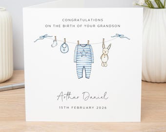 Personalised New Grandson Card For A Little Boy: Watercolour Washing Line Design