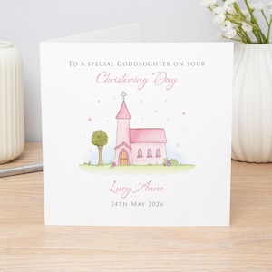 Personalised Handmade Christening Card For Goddaughter, Daughter, Niece, Watercolour Church Design