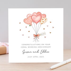 Personalised 35th Wedding Anniversary Card, Coral Anniversary Card, Mum and Dad, For Friends, Family, Heart Balloons Card