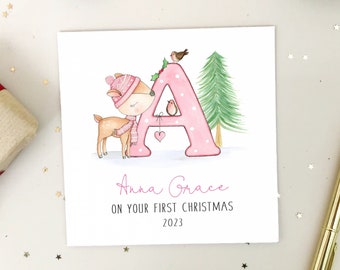 Personalised First Christmas Card - 1st Christmas Card - Girls 1st Christmas Card - Pink Initial Baby's First Christmas Card