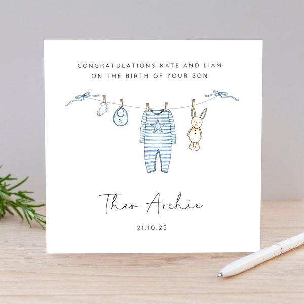 Personalised New Baby Boy Card, Washing Line with bunny Card, Congratulations Baby Boy Card