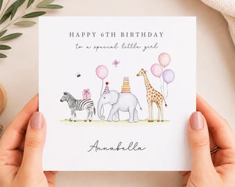 Personalised Girls Birthday Card, Elephant, Giraffe and Zebra with Balloons