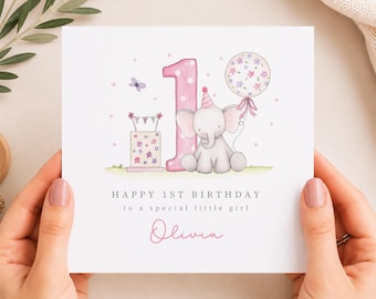Personalised 1st Birthday Card For A Girl, Daughter, Granddaughter, Elephant Theme