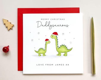 Personalised Dinosaur Daddy Christmas Card: Watercolor Illustration