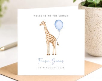 Personalised New Baby Boy Card: Welcome To The World Giraffe & Blue Balloon