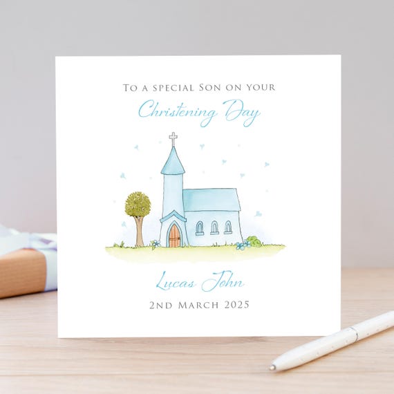 Personalised Christening Card For A Boy Grandson Godson Nephew Watercolor Church Design