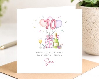 Personalised 70th Birthday Card For Her: Pretty Watercolour Balloons design
