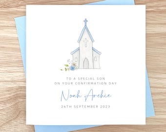 Personalised Confirmation Card for Boy: Blue Church Design