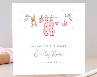 Personalised New Baby Girl Card: Watercolor Washing Line Design