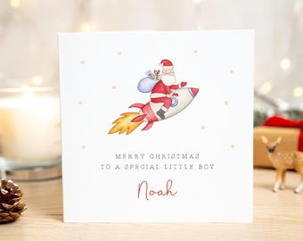 Personalised Christmas Card For A Boy - Santa and Space Rocket