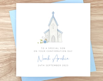 Personalised Confirmation Card for Boy: Blue Church Design