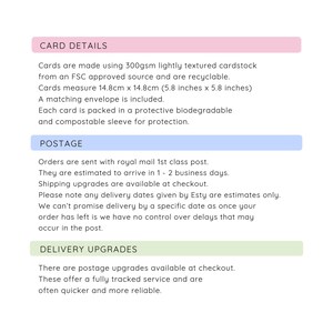 May include: Text on a white background details card specifications: 300gsm cardstock, 5.8 x 5.8 inches, matching envelope, and biodegradable sleeve. Information on postage and delivery upgrades is also provided.