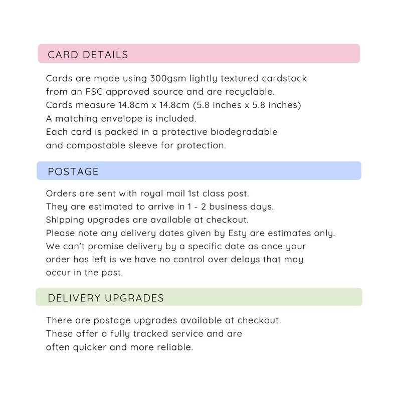 May include: Text on a white background details card specifications: 300gsm cardstock, 5.8 x 5.8 inches, matching envelope, and biodegradable sleeve. Information on postage and delivery upgrades is also provided.