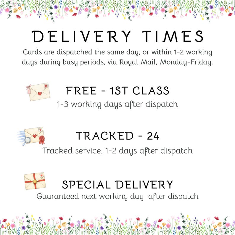 Op de afbeelding: Een informatieve afbeelding met een bloemenrand met de tekst DELIVERY TIMES, FREE - 1ST CLASS, TRACKED - 24 en SPECIAL DELIVERY. Iconen van enveloppen met harten, sterren en waszegels begeleiden de tekst en beschrijven de opties.