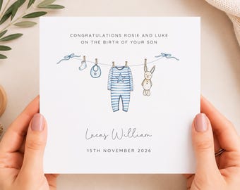 Personalised Baby Boy Card, Welcome to the World, Congratulating New Parents, Washing Line Design