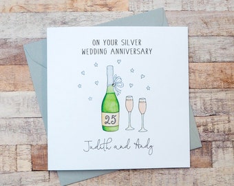 Personalised Handmade Luxury Silver 25th Anniversary/Wedding Day Card Wine Glass 