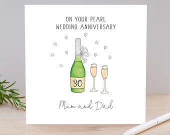 Personalised Pearl Anniversary Card: Watercolor Wine Bottle, 30th Anniversary