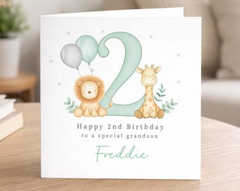 Personalised 2nd Birthday Card for Boy, Safari Animal Lion Giraffe Card, Son Grandson Nephew