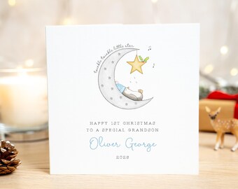 Personalised 1st Christmas Card for Boy: Moon Penguin Twinkle Twinkle