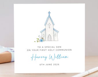 Personalised First Holy Communion Card for Boy: Blue Church Design