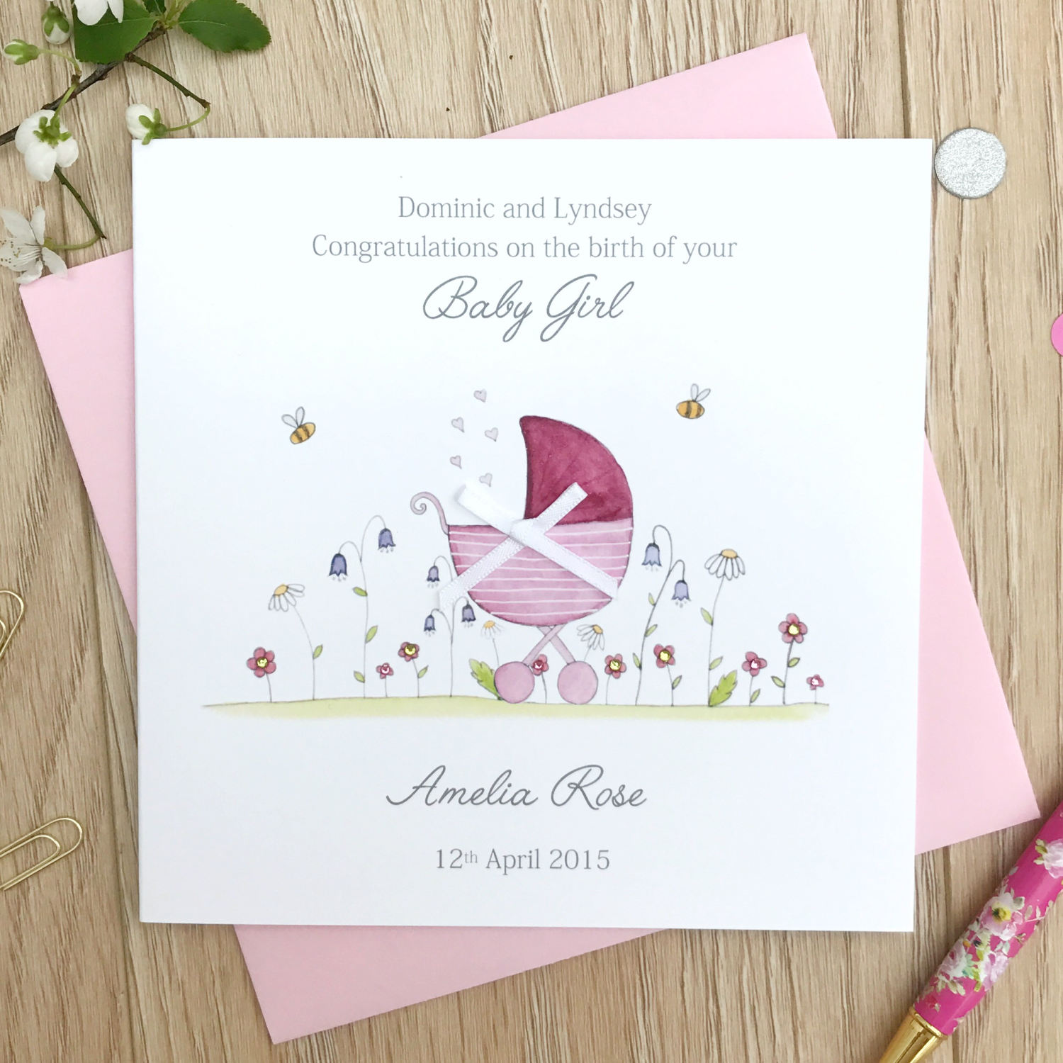 Personalised New Baby Girl Card Watercolour pram Etsy