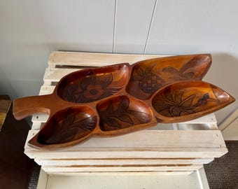 Vintage Decorative Hand Carved Tropical Caribbean Wooden Sectioned Leaf Tray