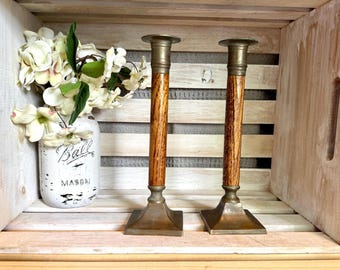 Vintage Pair Of Wood And Brass Candlestick Holders MCM