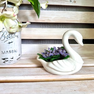 Vintage Hull Pottery Swan Planter With Lavender French Beaded Flowers