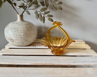 Vintage Murano Style Art Glass Amber Sunflower Basket