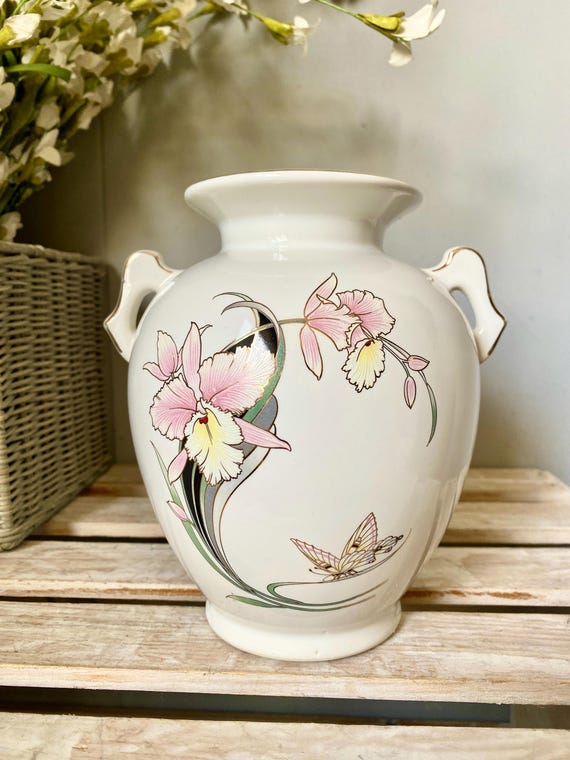 old sea MIYABI × antique butterfly Vintage Fine China of Japan Porcelain Butterfly Orchid Vase Gold