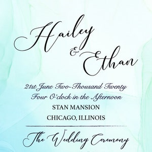 Könnte beinhalten: Ein Hochzeitszeremonieprogramm mit eleganter Schrift. Die Namen "Hailey & Ethan" stehen oben, gefolgt von Datum, Uhrzeit und Ort in Chicago. Das Programm beschreibt die Reihenfolge der Zeremonie, einschließlich Vorspiel, Einzug, Gelübde und Auszug.