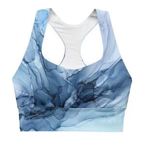 Ice Blue Longline Sports Bra Activewear, Marble Abstract Pattern Gym Wear