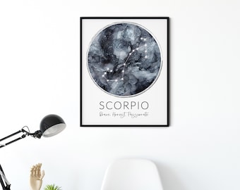 May include: A framed print depicting the Scorpio zodiac sign. The artwork showcases a dark blue and grey watercolour background with the constellation's stars in white. The text "SCORPIO" and "Brave. Honest. Passionate" are printed below.
