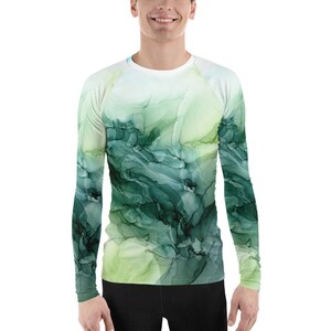 Green Botanical Men&#39;s Rash Guard, UPF 50+ SUN PROTECTION Shirt, Fishing Shirt, Swimwear, Performance Shirts, Athletic Shirt, Long Sleeve Tee