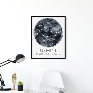 Gemini Zodiac Constellation Moon Astrology Wall Art UNFRAMED Print - Star Sign Print, Astrology Boho Wall Decor