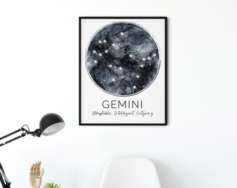 May include: A framed print featuring the Gemini constellation, depicted as a network of white dots and lines against a dark, swirling background. The word "GEMINI" is above the words "Adaptable. Intelligent. Outgoing."
