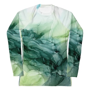 Green Botanical Women&#39;s Rash Guard, , UPF 50+ SUN PROTECTION Shirt, Fishing Shirt, Swimwear, Performance Shirts, Athletic Shirt, Long Sleeve