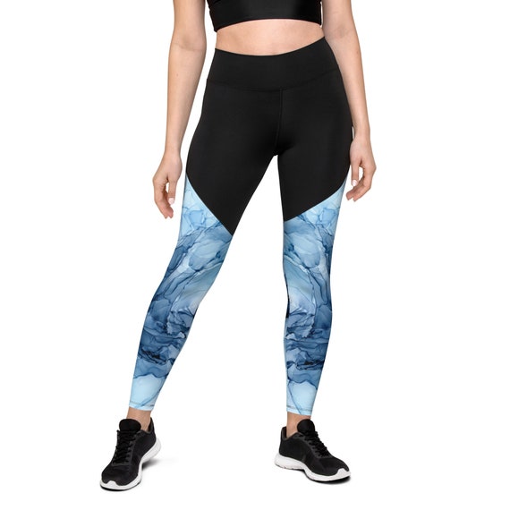 Ice Blue Sports Compression Leggings, Marble Abstract Pattern Gym Wear 