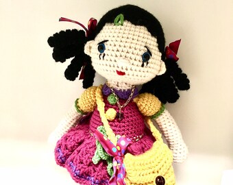 Crochet dressed doll with handbag, blue eyes, black ponytails, colourful and unique Gift for girl Baby